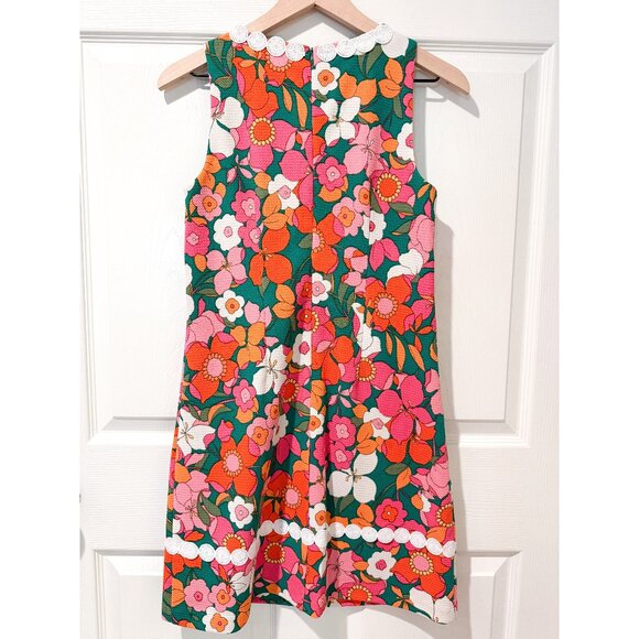 Eliza J 60's Mod Style Green Pink Floral Flower Print Embroidered Dress 2 Retro - Picture 2 of 10